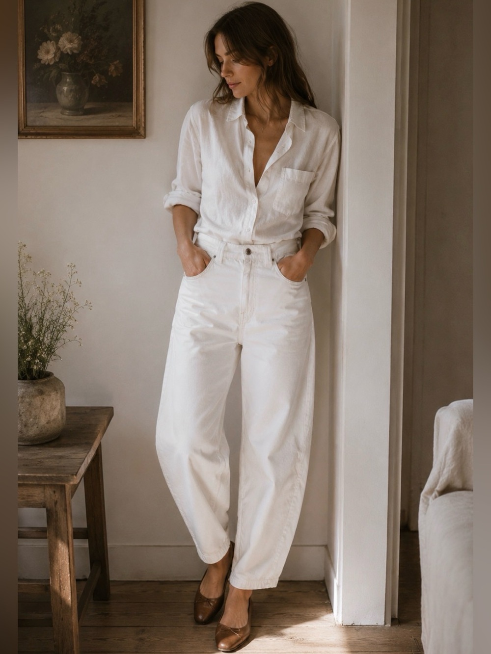 Zara White Barrel Leg Jeans High Rise Cropped Balloon Denim Size 2 EU 34